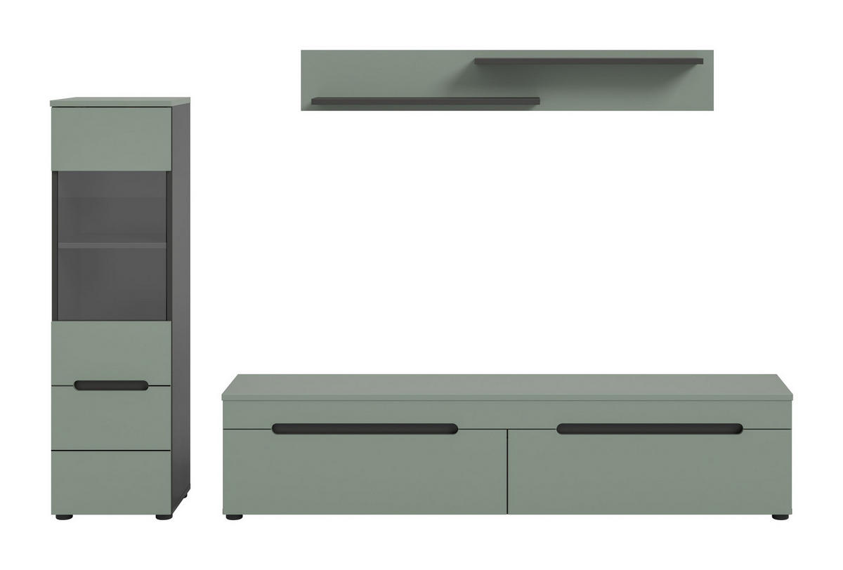 WOHNWAND Nova 3 tlg. (B/H/T: ca. 221/141/33 cm) in Basalt grau/Smoke Green - Grau, Holzwerkstoff (221/141/33cm)