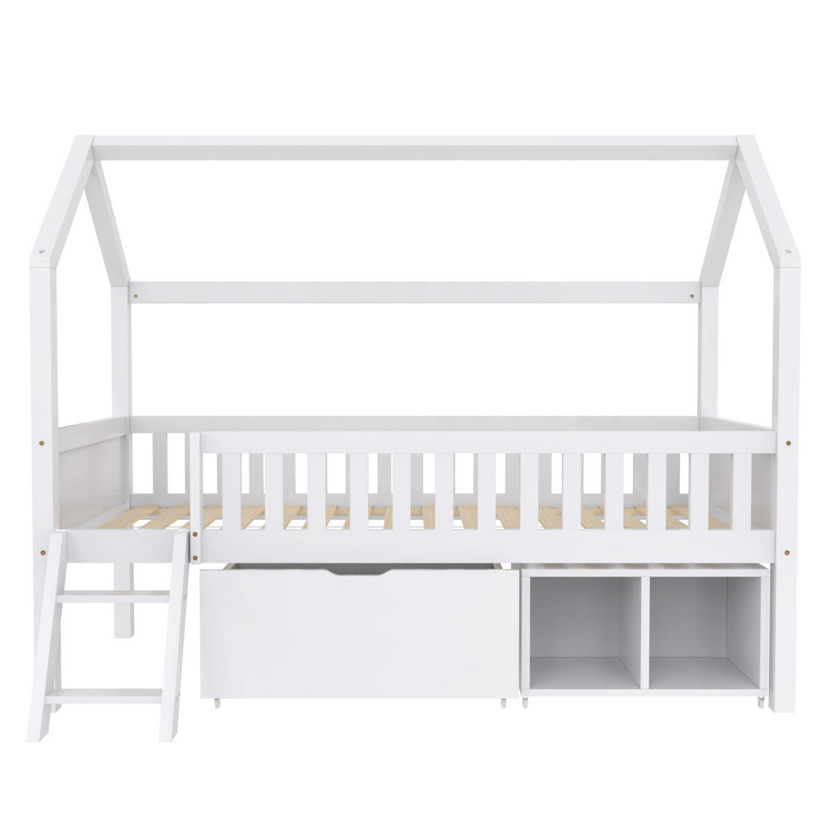 HAUSBETT 90x200 cm in Weiß mit Schubladen, Staufächern und Rausfallschutz - Weiß, Holzwerkstoff (90/200cm) - IVMEU