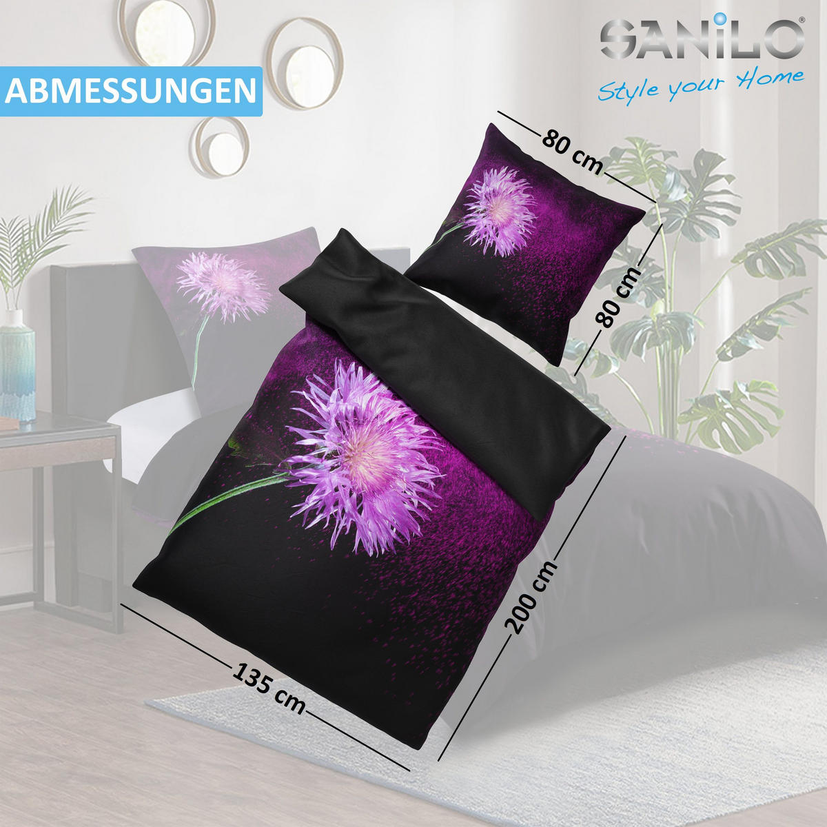 BETTWÄSCHE 4-teilig Purple Dust - Schwarz, Naturmaterialien (135/200cm) - Sanilo