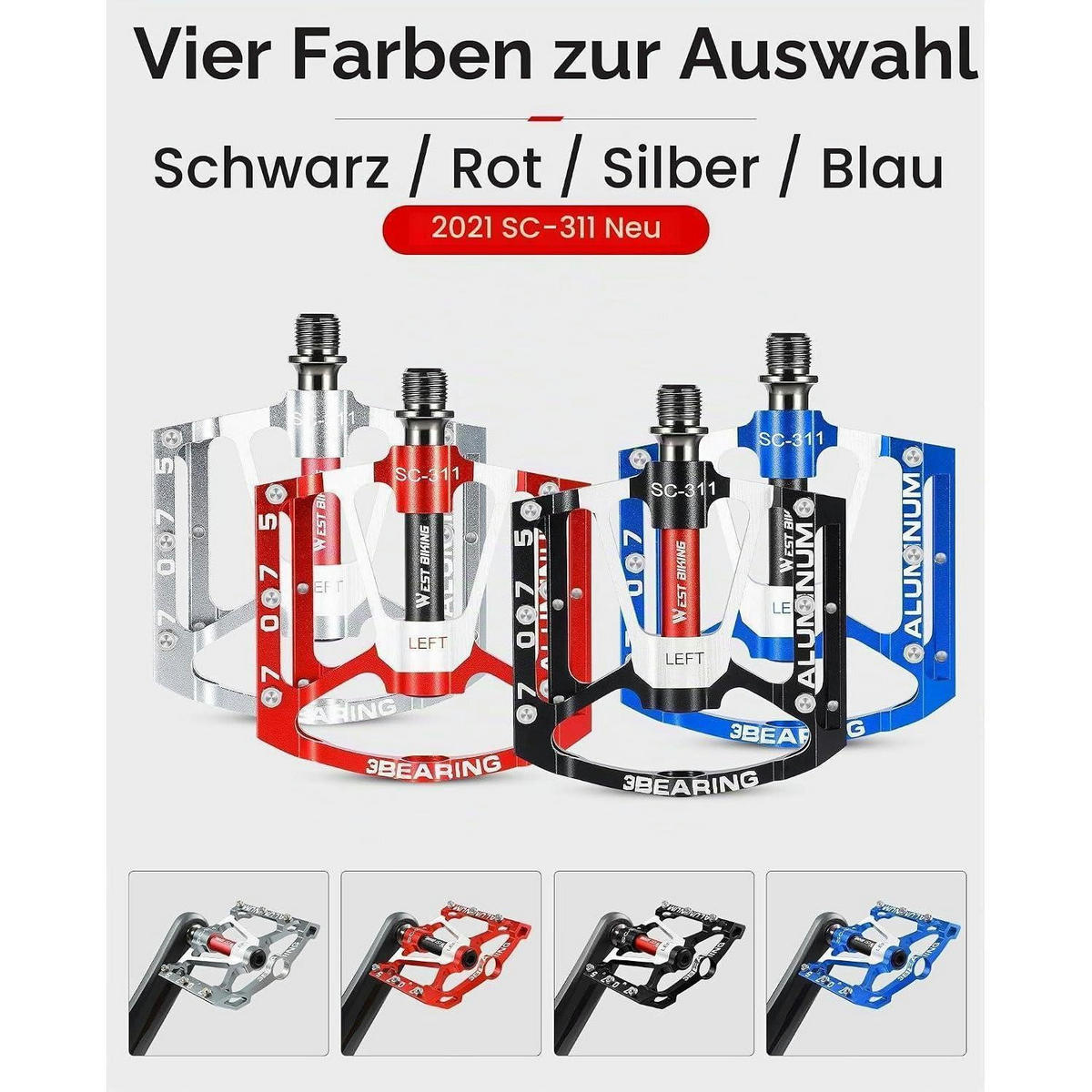 FAHRRADPEDALE Aluminium CNC Rot 9/16 Zoll rutschfest 3 Dichtlager - Rot, Metall (10/1.5/10cm)