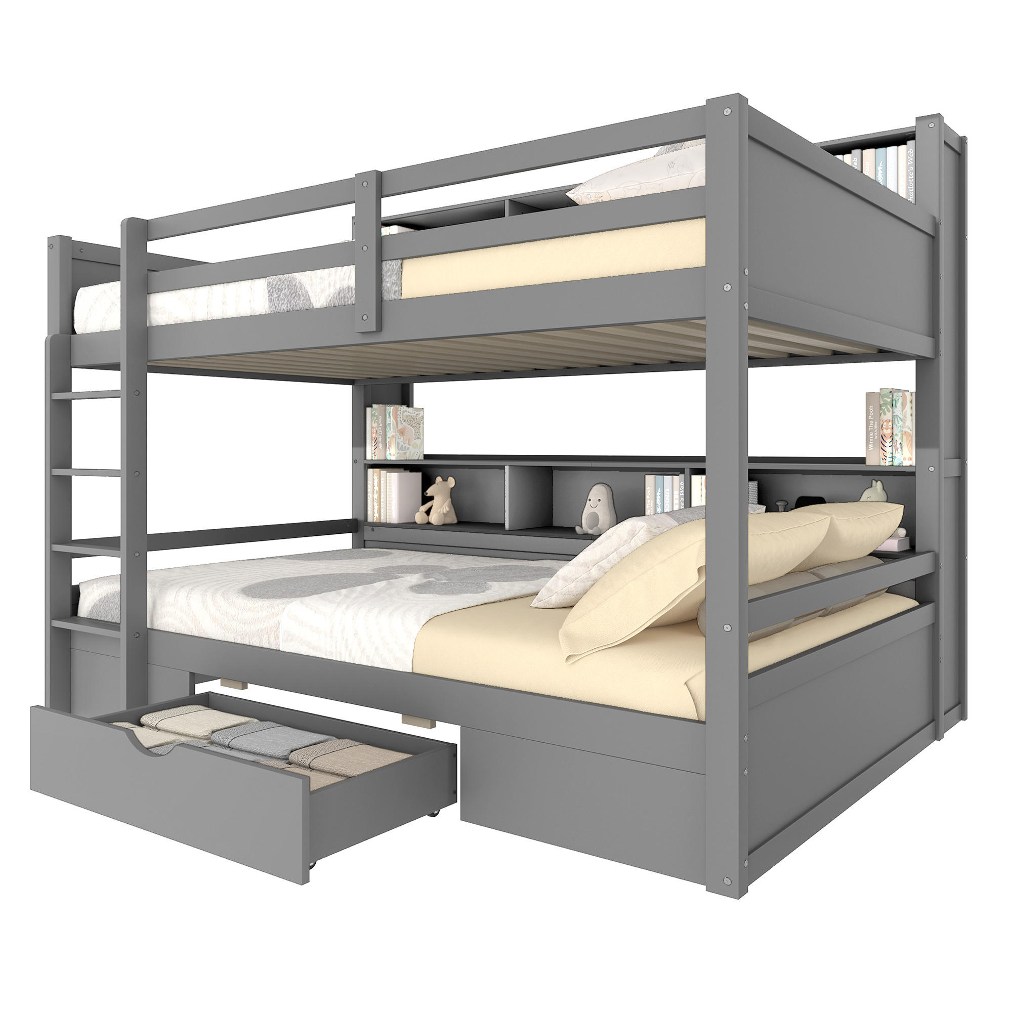 ETAGENBETT 90x200cm + 90x200cm Grau mit Schubladen Staufächer - Grau, Holz (90/200cm) - FLIEKS