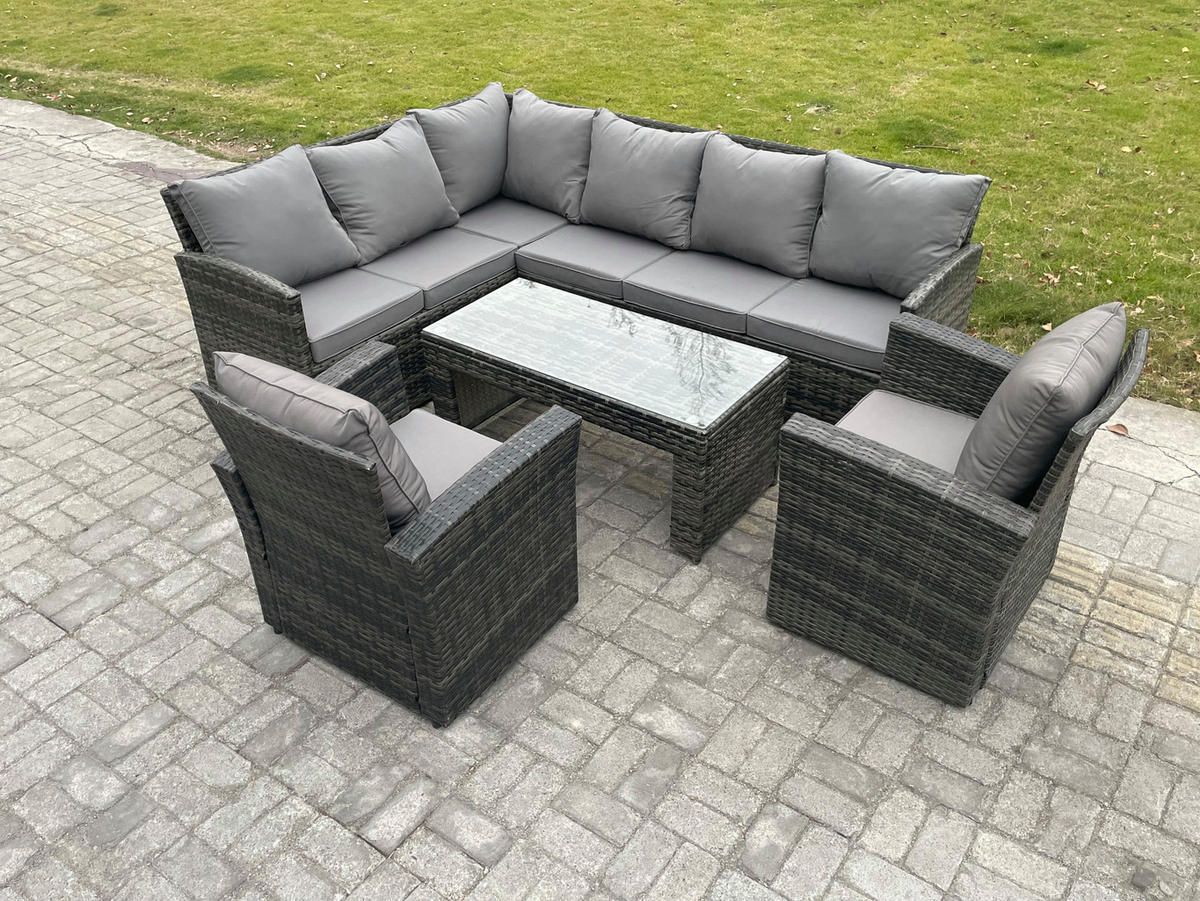 SITZGRUPPE mit Ecksofa,Länglicher Couchtisch,2 Sessel Polyrattan 8-Sitzer - Dunkelgrau/Grau, Glas/Kunststoff - Fimous
