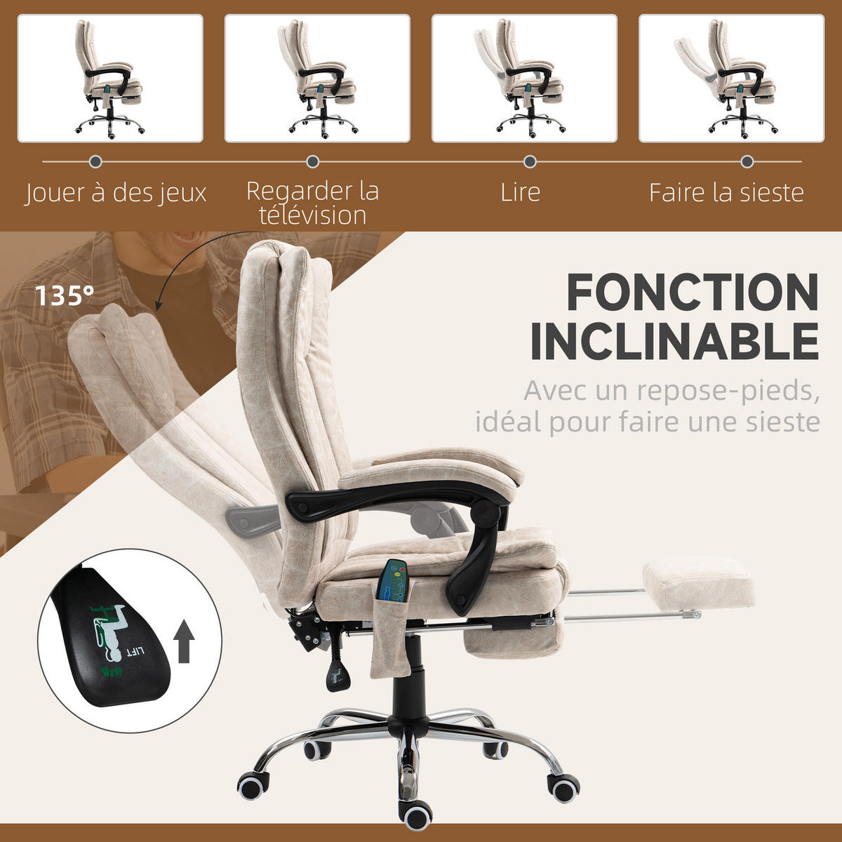 CHEFSESSEL DE-11807 Massage & Heizung Creme - Creme, Metall (70/120/62cm) - ComfortXL