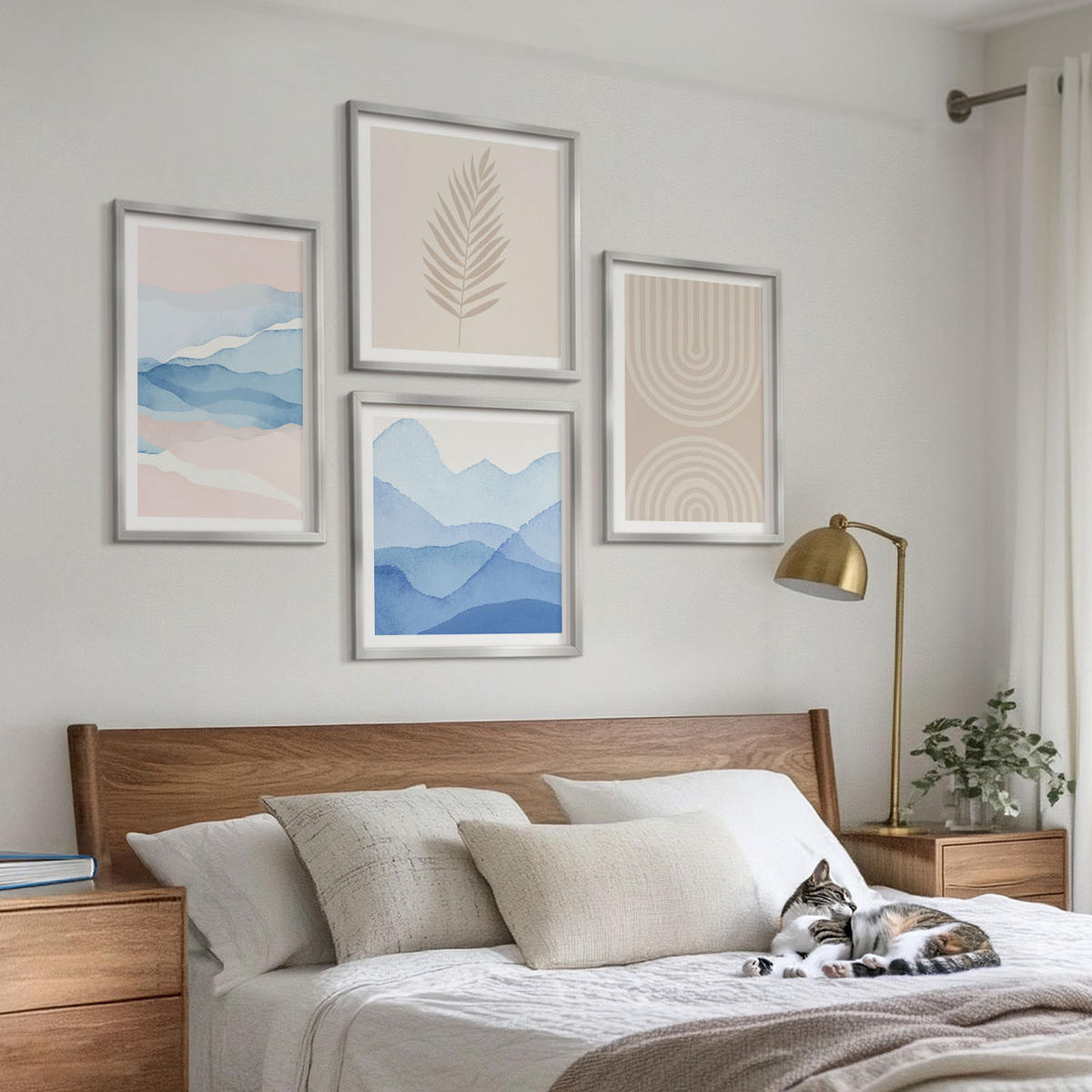 WANDBILDER 4er Set - 50x50 cm & 40x60 cm Silberner Rahmen - Blätterwellen beige blau - Silberfarben, Kunststoff (50/50cm) - ArtPrintCave