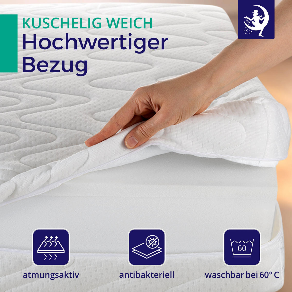 MATRATZE H2 140x200 cm – 7 Zonen Federkernmatratze 18 cm – Kaltschaum Komfortpolsterung – atmungsaktive Matratze mit waschbarem Bezug - Weiß, Textil (140/200cm) - Mister Sandman
