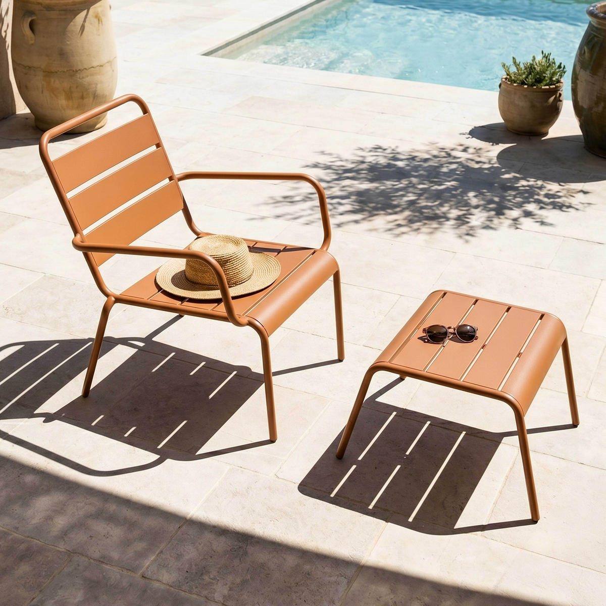 RELAXSESSEL MIT HOCKER 2-tlg., Karamell - Braun, Metall (64/72/60cm) - Oviala