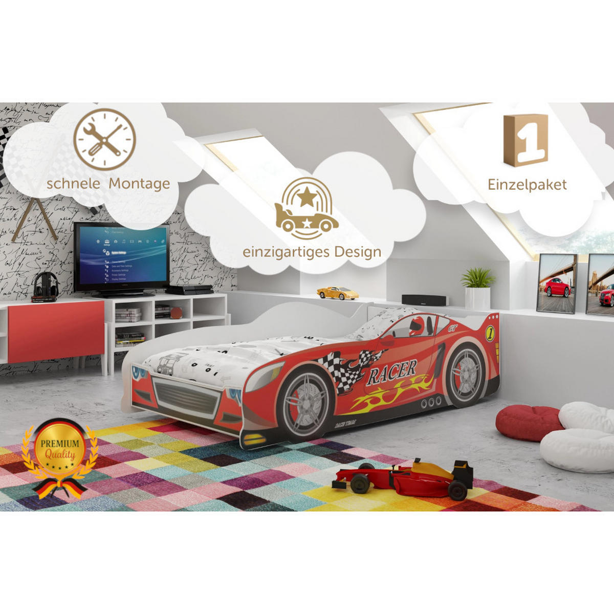 AUTOBETT Kinderbett Cars 160x80cm mit Lattenrost - Rot, Holzwerkstoff (80/160cm) - Interbeds