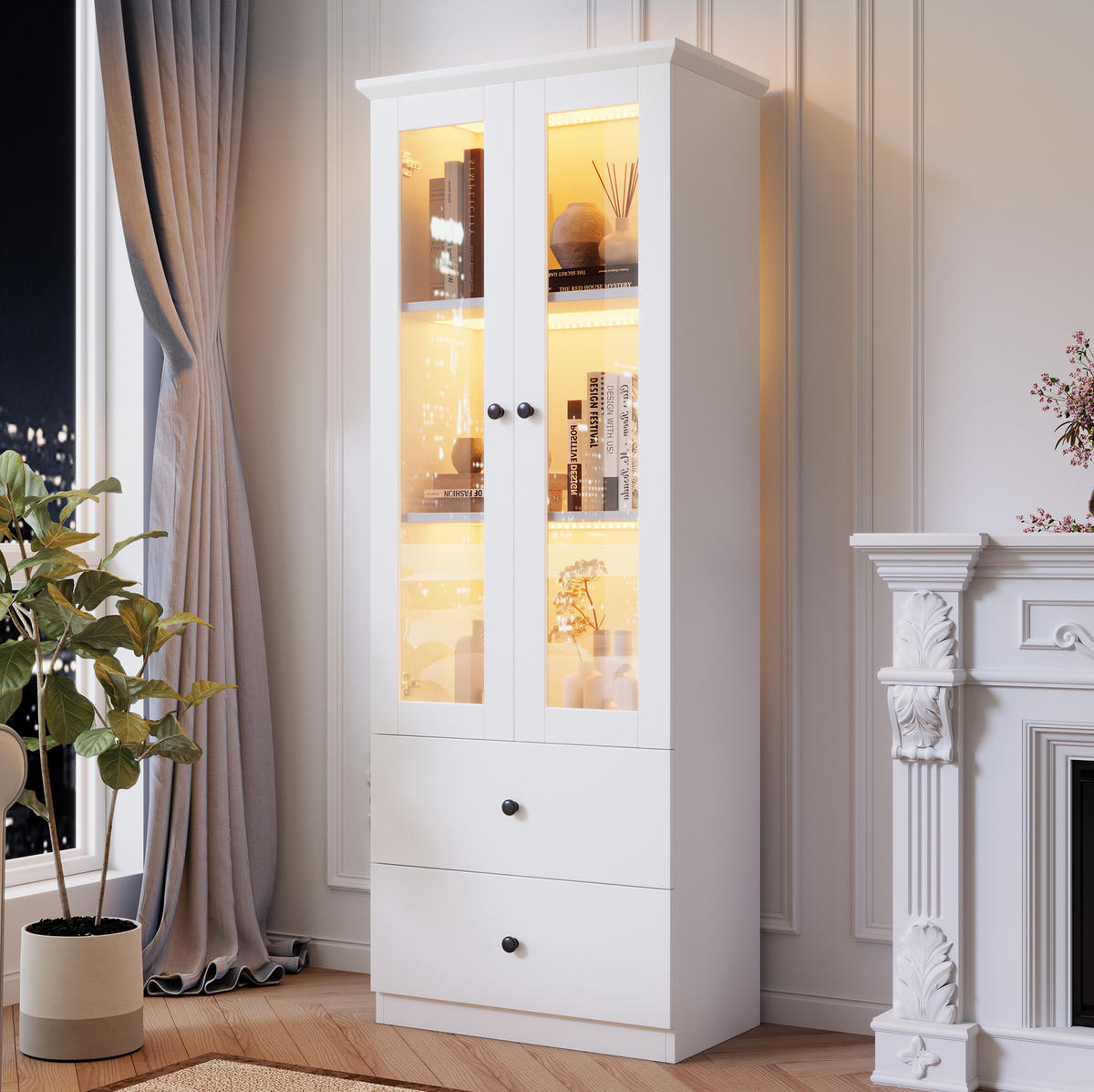 VITRÍNA z MDF a dřevotřísky 60x165x35,5 cm bílá s LED, USB, skleněnými dvířky a 2 zásuvkami - bílá, kompozitní dřevo (60/165/35.5cm) - Modfu