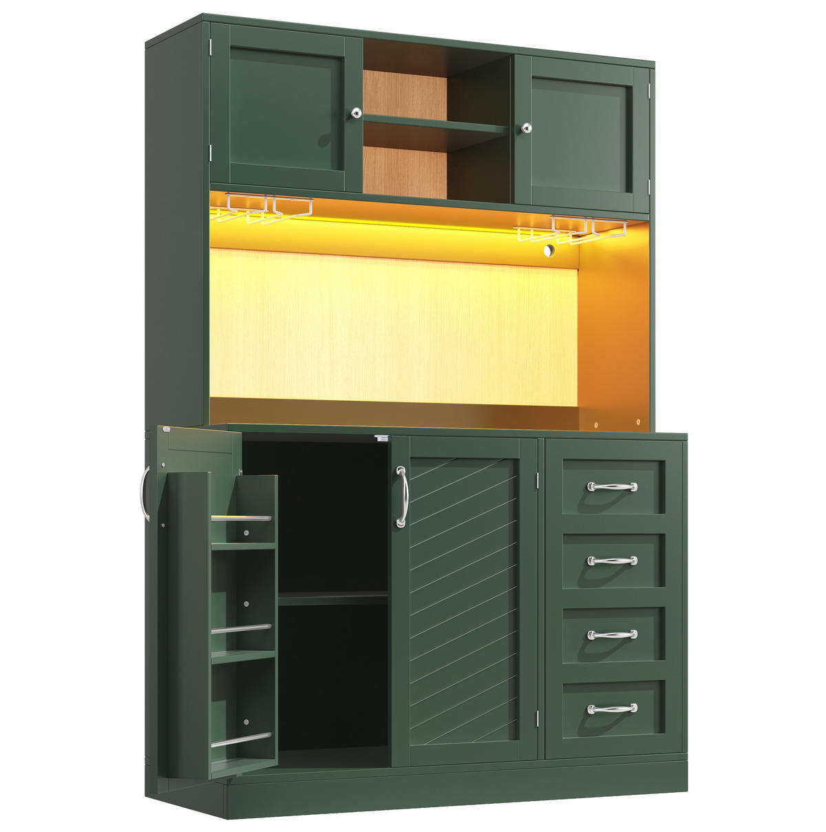 BUFFETOVÁ skrinka 120/40/188 cm zelená s LED osvetlením a držiakmi na nápoje z MDF - zelená, kompozitné drevo (120/188/40cm) - OKWISH