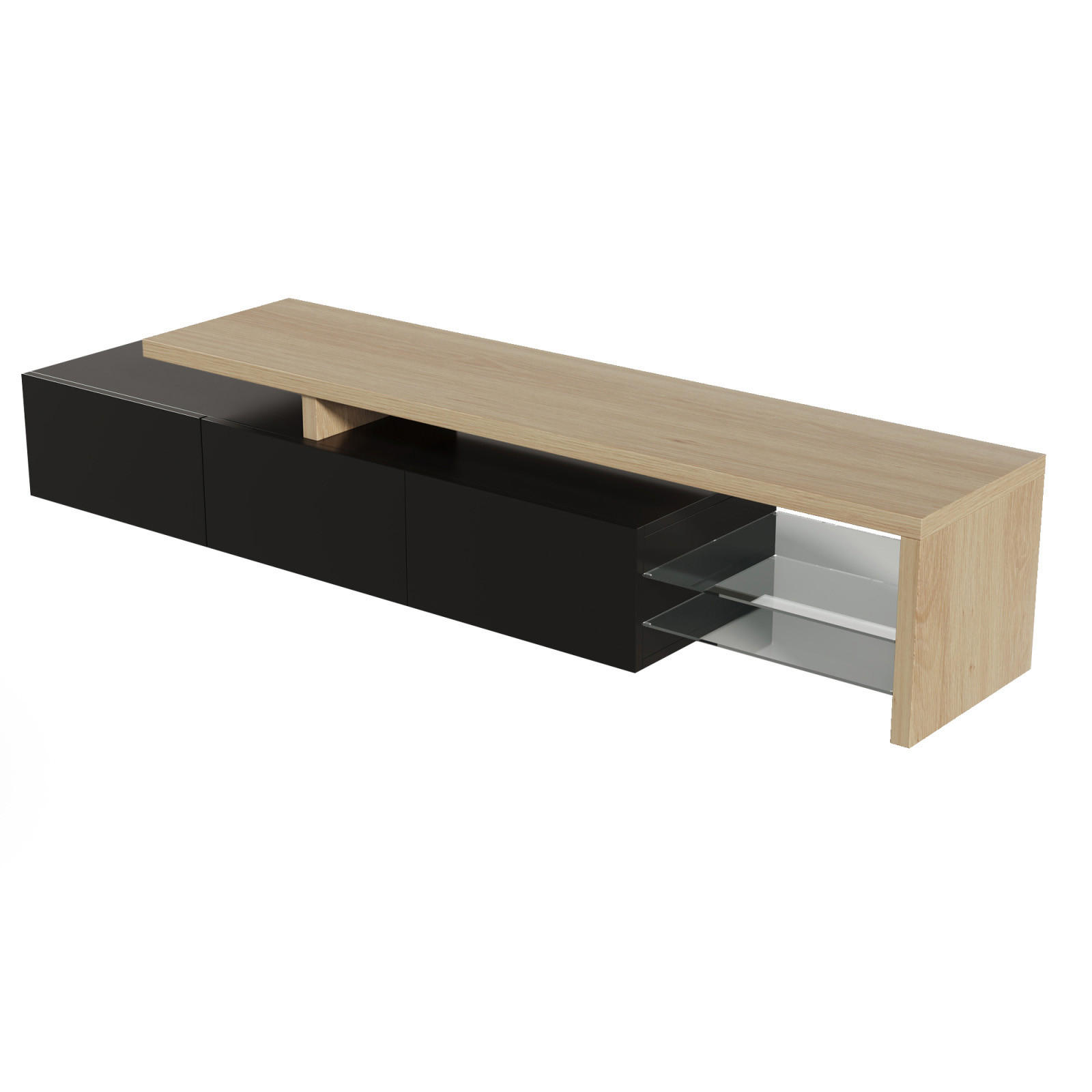 TV Lowboard LED 200 cm, 3 Türen, Glasregale, Holz Schwarz - Schwarz, Holz (200/42/39cm)