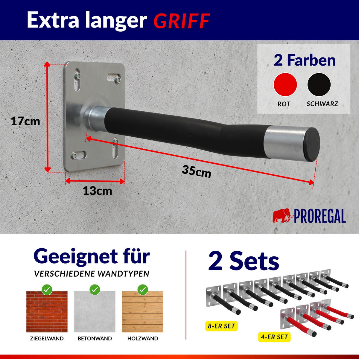 AUTOREIFEN-WANDHALTER PREX PRO 8er Reifen Set HxBxT 17x13x35 cm Traglast 35 kg Schwarz Set für Garage Zum Anschrauben mit hoher Qualität - Schwarz, Metall (35/13/9cm) - PROREGAL