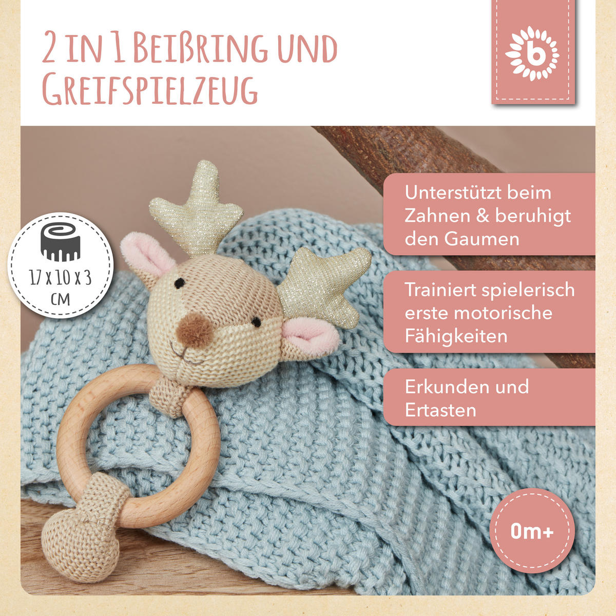 GREIFLING Rassel Holz Natur und Baumwoll - Rosa, Textil (10/17cm) - Bieco Spielwaren