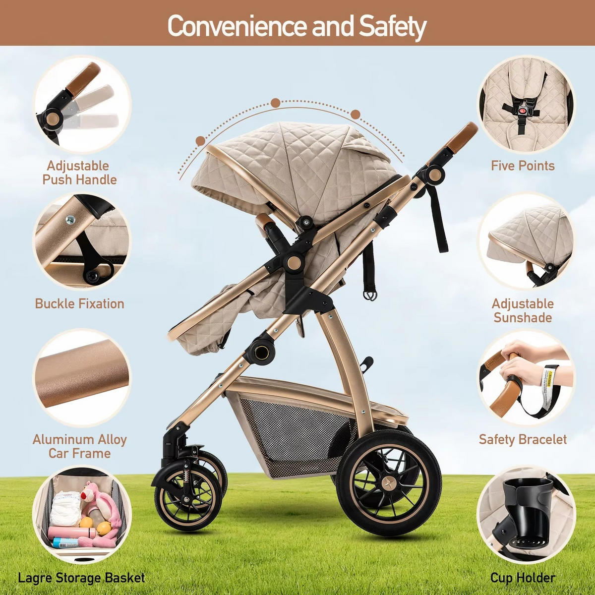 KINDERWAGENSET mit hoher Landschaft, verstellbarer Griff, Moskitonetz, Kinderwagen, Aluminiumrahmen, SK20-ROSA - Pink, Metall (80/60cm) - Kaket