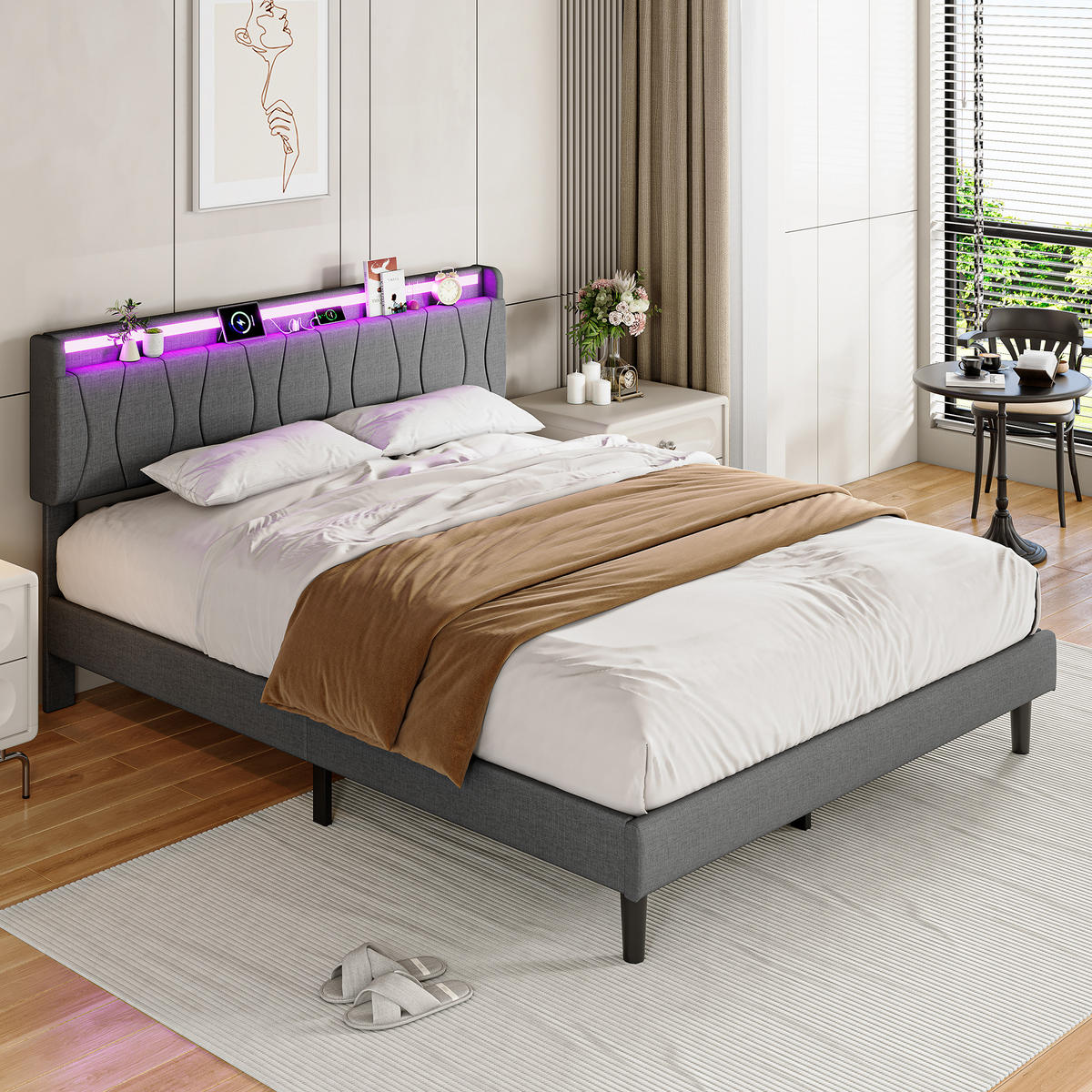 POLSTERBETT 160x200 cm mit LED & USB, Lattenrost, Grau - Grau, Metall (160/200cm)