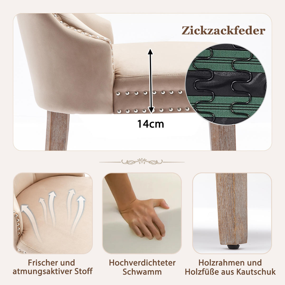 ESSZIMMERSTUHL 2er Set Samt Beige Polsterstuhl Massivholz Modern - Beige, Holz (53/95/46.5cm) - FLIEKS