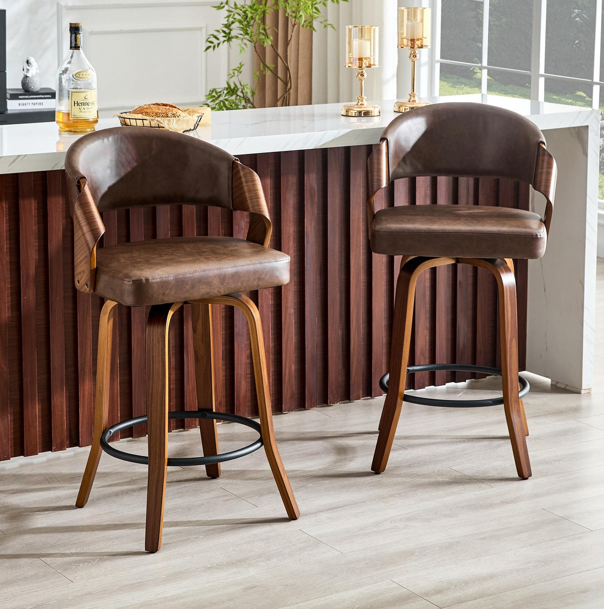 BARHOCKER 2er-Set mit Rückenlehne aus Holz und PU-Leder - Braun, Holz (42/95/51cm) - MIVRAY