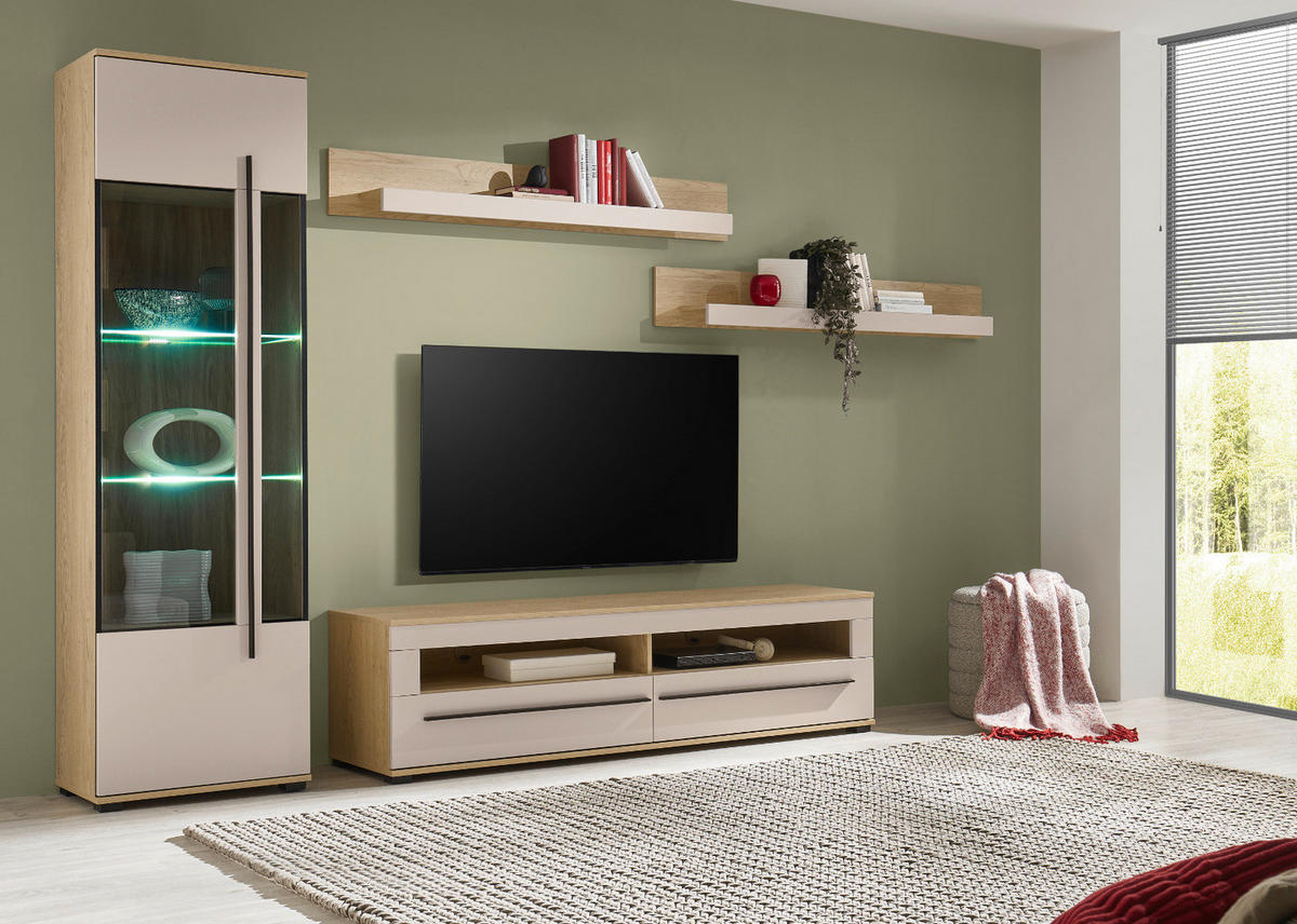 WOHNWAND Kaschmir, Eiche 4-teilig 240 cm, Wohnkombination mit Soft-Close - Kaschmir/Eichefarben, Glas/Holzwerkstoff (240/200/42cm) - Furn.Design