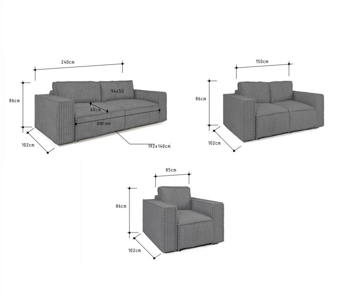 SOFASET Vajana 3-2-1 - Grau, Holzwerkstoff/Textil (240/86/102cm) - Fun Möbel