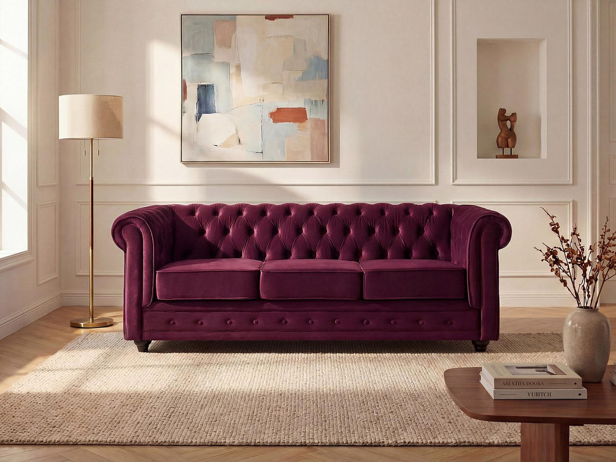 SOFA 3-Sitzer - Samt - Pflaumenfarben - CHESTERFIELD - Bordeaux, Textil (205/72/88cm) - Vente-Unique
