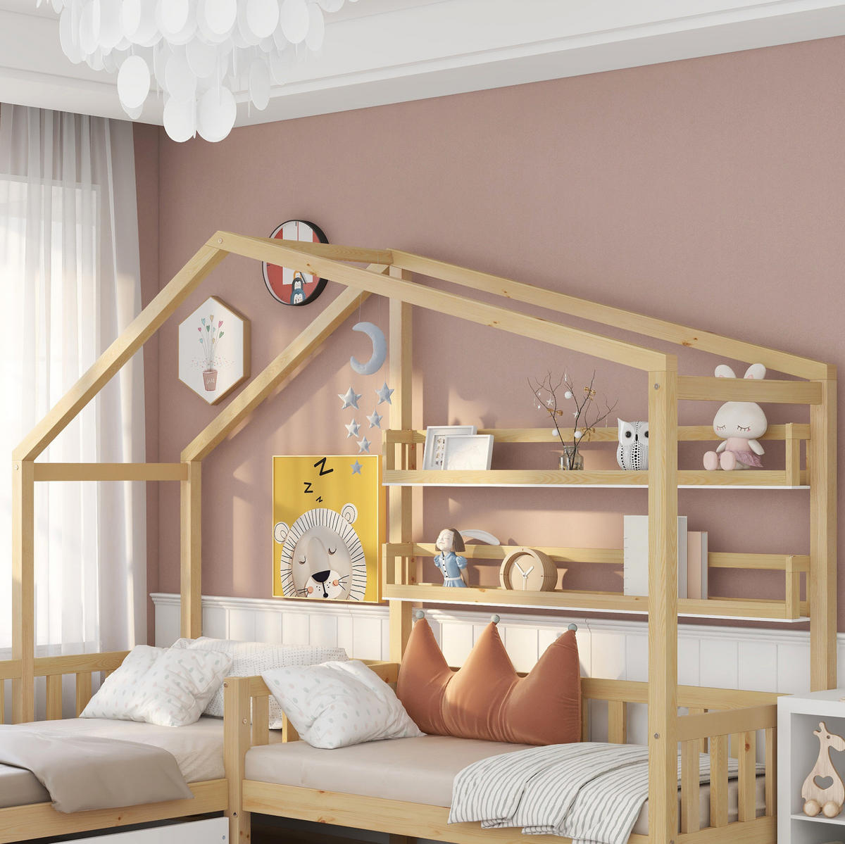KINDERBETT aus Kiefernholz 90x200 cm+140x70 cm Natur mit Schublade, Regalen und Lattenrost in L-Form - Naturfarben, Holz (90/200cm) - Modfu