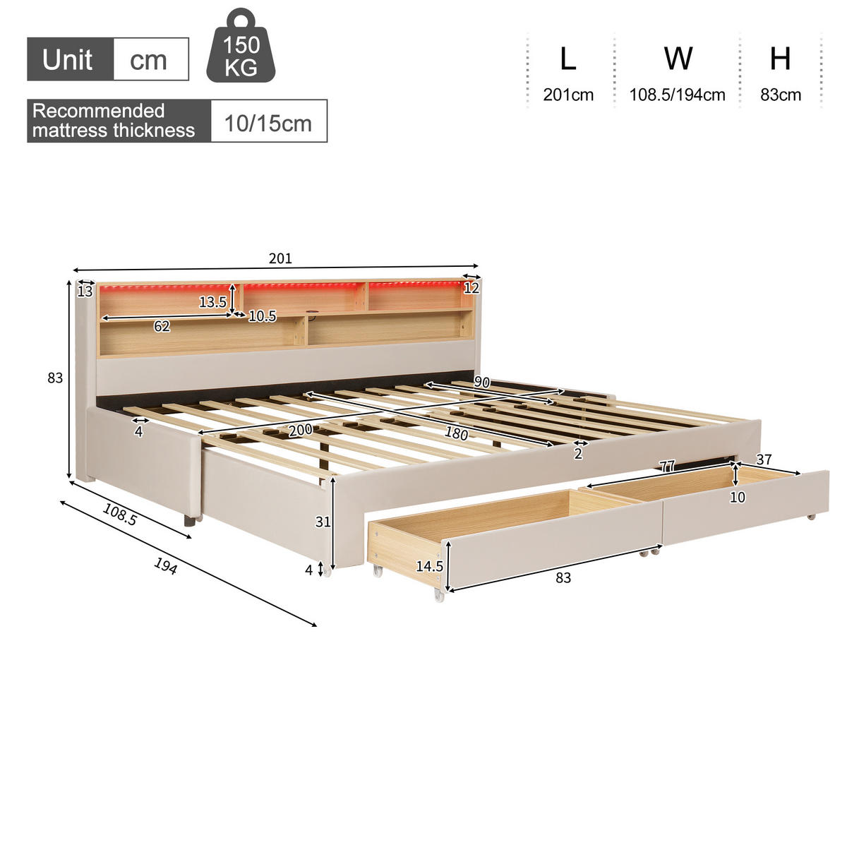 POLSTERBETT 90/200 cm & 90/200 cm in Beige Samt mit 2 Schubladen, LED und USB - Beige, Holzwerkstoff/Textil (90/200cm) - STILVORA