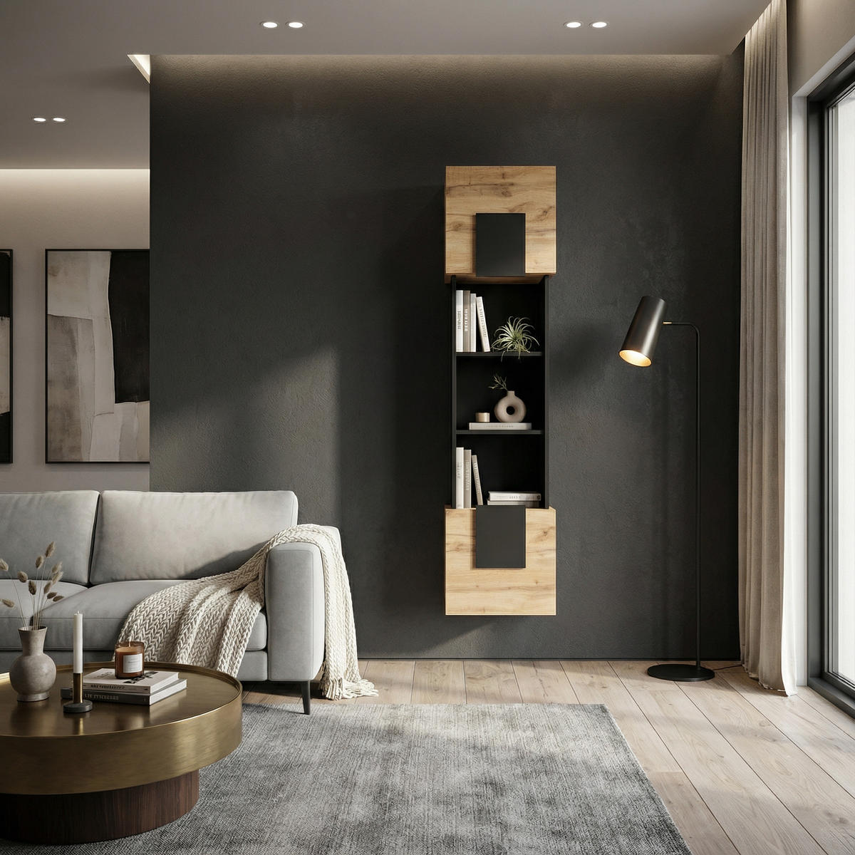 HIGHBOARD TORINO Hängend + Stehend, Mattes Finish, Schwarz + Eiche Wotan - Eiche Wotan/Schwarz, Holzwerkstoff/Kunststoff (39/172/35cm) - Komodee