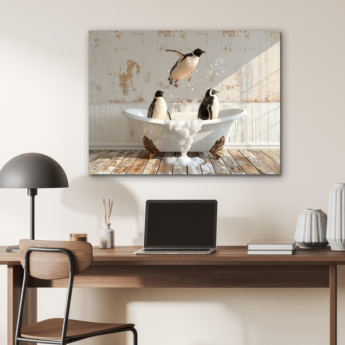 KOVOVÝ OBRAZ Vintage - Tučniak - Vaňa - Pena 80x60 cm - čierna, kov (80/60cm) - MuchoWow