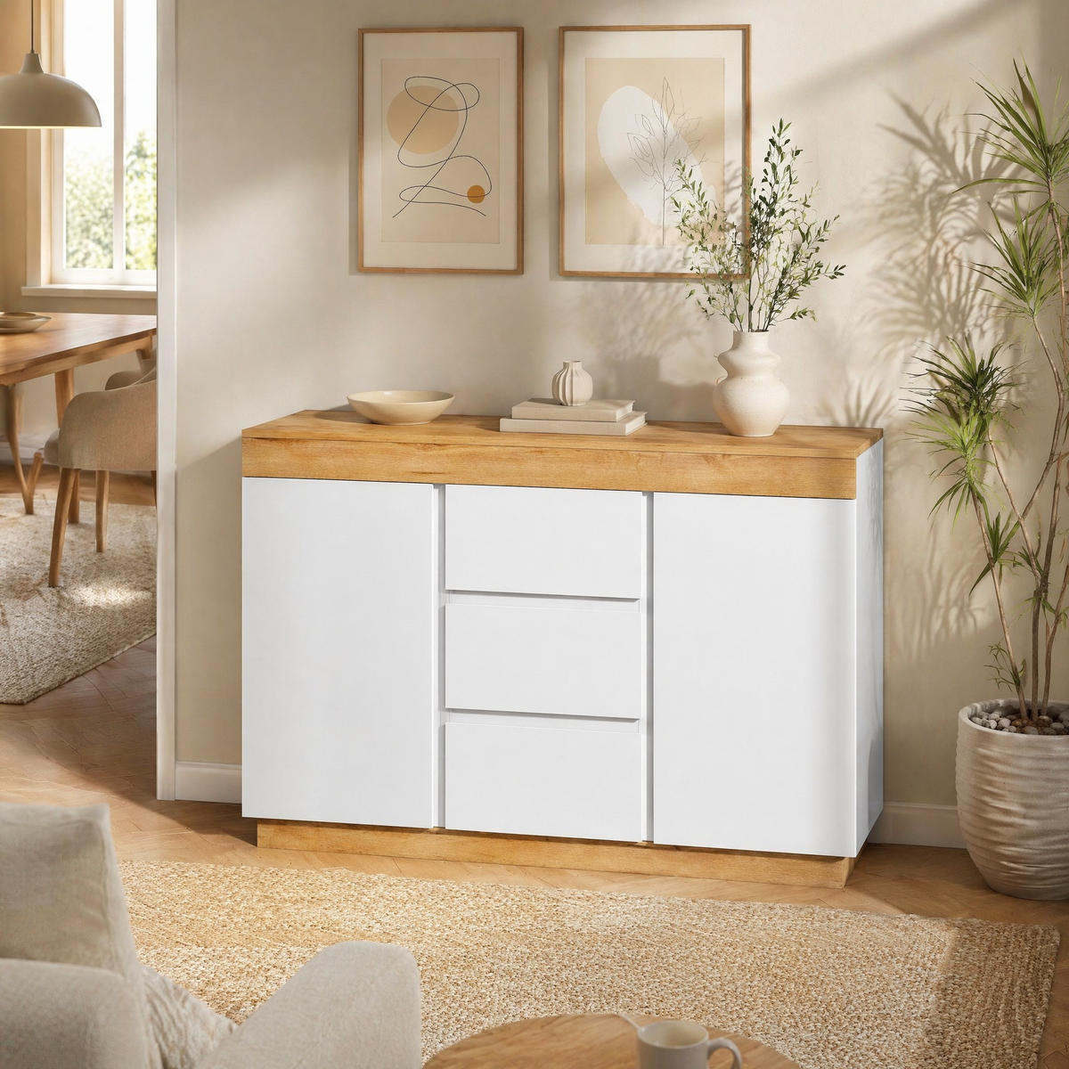 SIDEBOARD in Weiß und Eiche mit 3 Schubladen und 2 Türen für Schlafzimmer und Wohnzimmer, B120.5/T40.2/H82.5 cm - Eichefarben/Weiß, Holzwerkstoff/Metall (120.5/82.5/40.2cm) - STILVORA