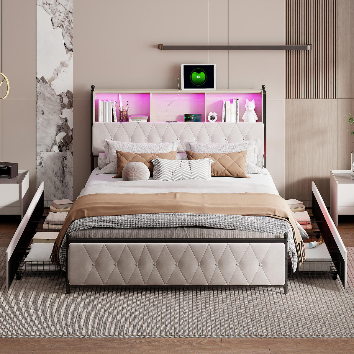POLSTERBETT 140/200 cm LED Schubladen Ladestation Samt Doppelbett - Beige, Holz (140/200cm) - PARAFTA HOME