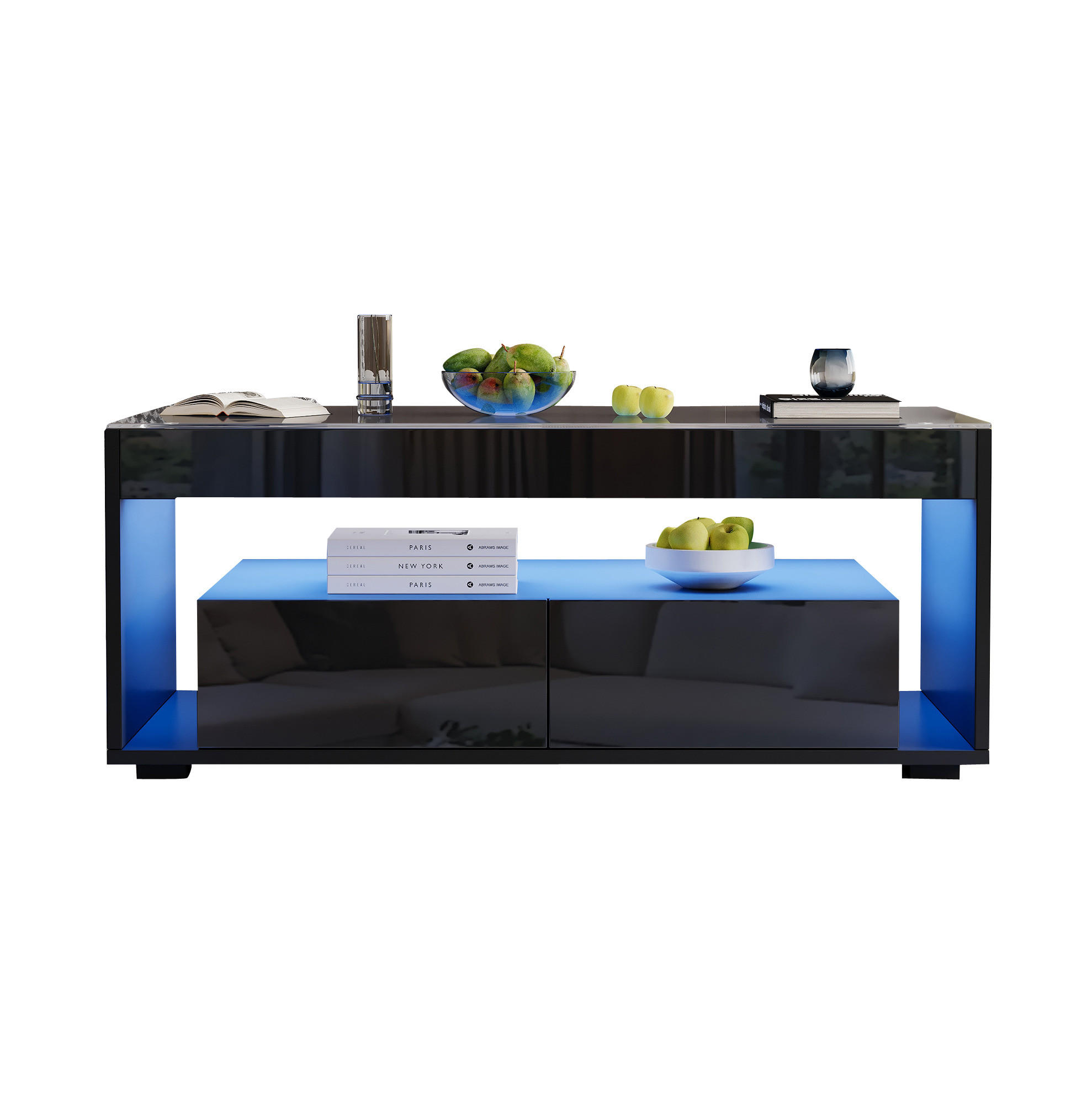 Redom KONFERENČNÍ stolek 100/50/40 cm s LED osvětlením, 2 zásuvkami a skleněnou deskou, černá