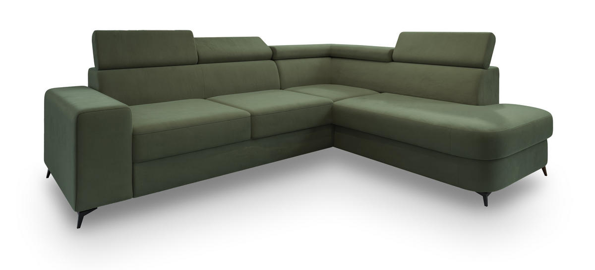 ECKSOFA ALVORO R-S Grün Velours-Stoff mit Schlaffunktion - Grün, Holz (253/190cm) - MASSENO