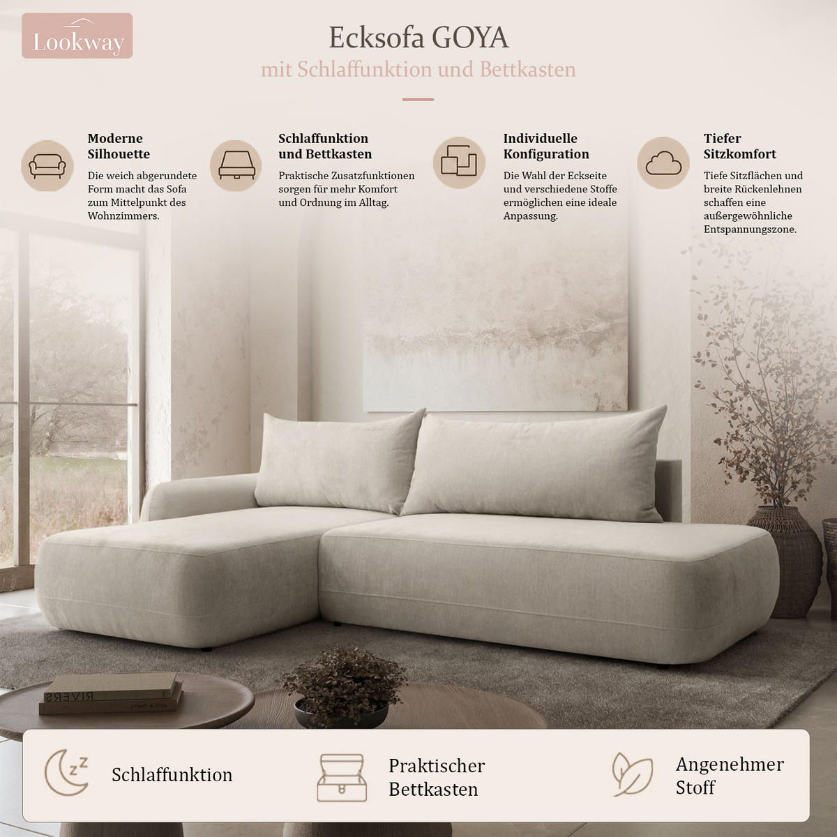 ECKSOFA GOYA mit Schlaffunktion und Bettkasten, Rechte, Perfect Harmony 04 - Ecru, Textil (302/184cm) - Lookway