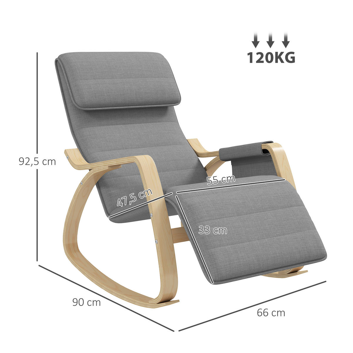 SCHAUKELSTUHL DE-17384 5-fach verstellbare Fußstütze & Kopfstütze Grau - Grau, Holz (110/91/67cm) - ComfortXL