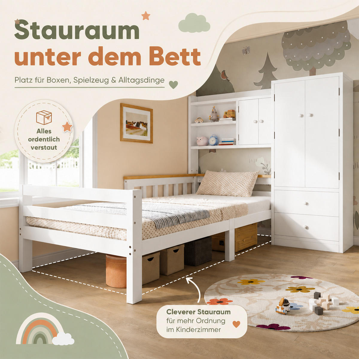 KINDERBETT 90/200 mit Kleiderschrank, Rausfallschutz & Schubladen, Holz, Weiß - Weiß, Holz (90/200cm) - LVHOM