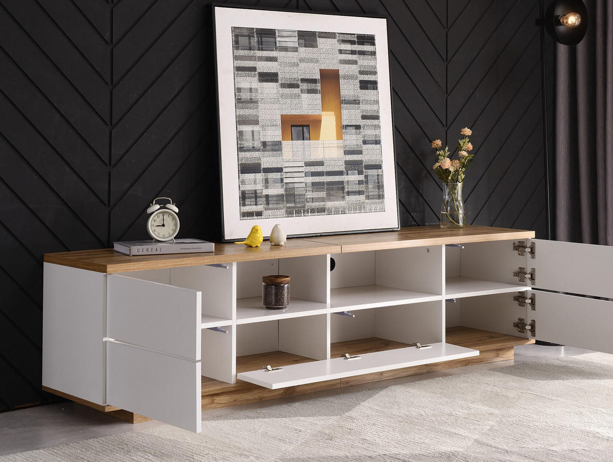 TV-SCHRANK in Weiß und Holzoptik mit 5 Türen und offenen Fächern 180/46/38 cm - Weiß, Holzwerkstoff (180/46/38cm) - Redom