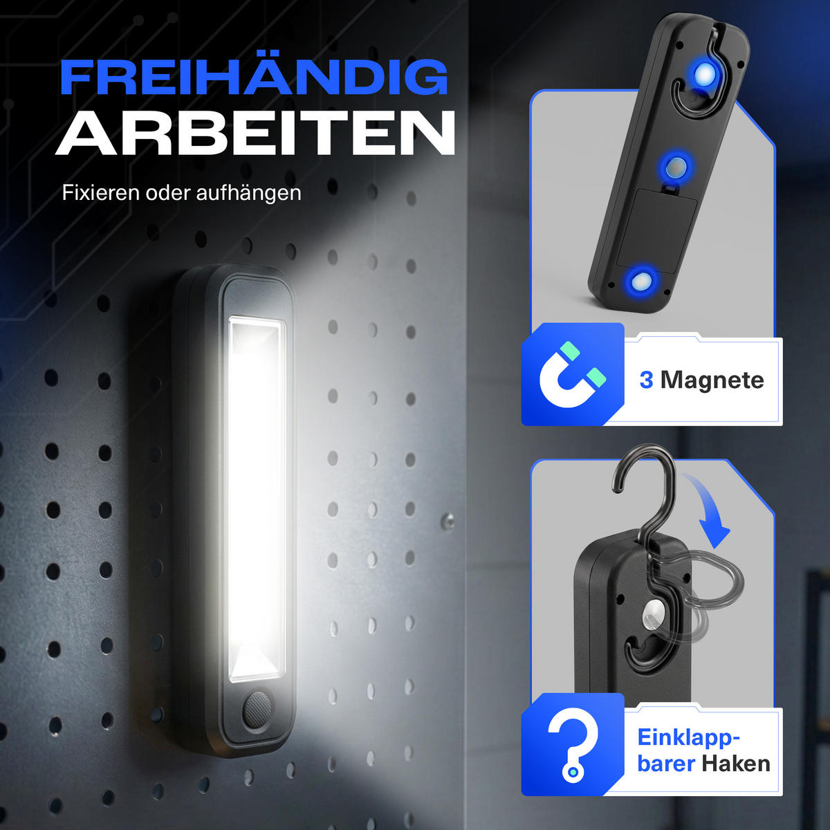 LED-BATTERIE-ARBEITSLEUCHTE - praktische Handlampe mit Magnet und Haken für Werkstatt und Zuhause, 1 Stück - Weiß, Kunststoff (5.5/2.9/22cm) - Northpoint