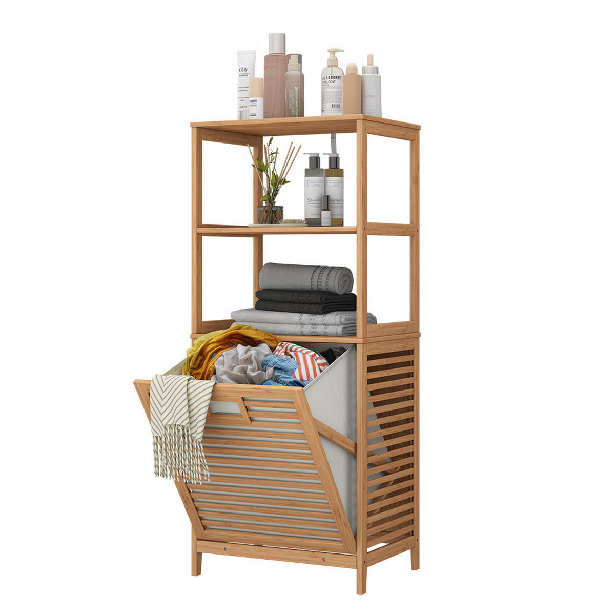 BADSCHRANK Novaro Bambus 48.3 x 114 cm mit Wäschekorb - Grün, Holzwerkstoff (48.3/114/35.5cm) - Vicco