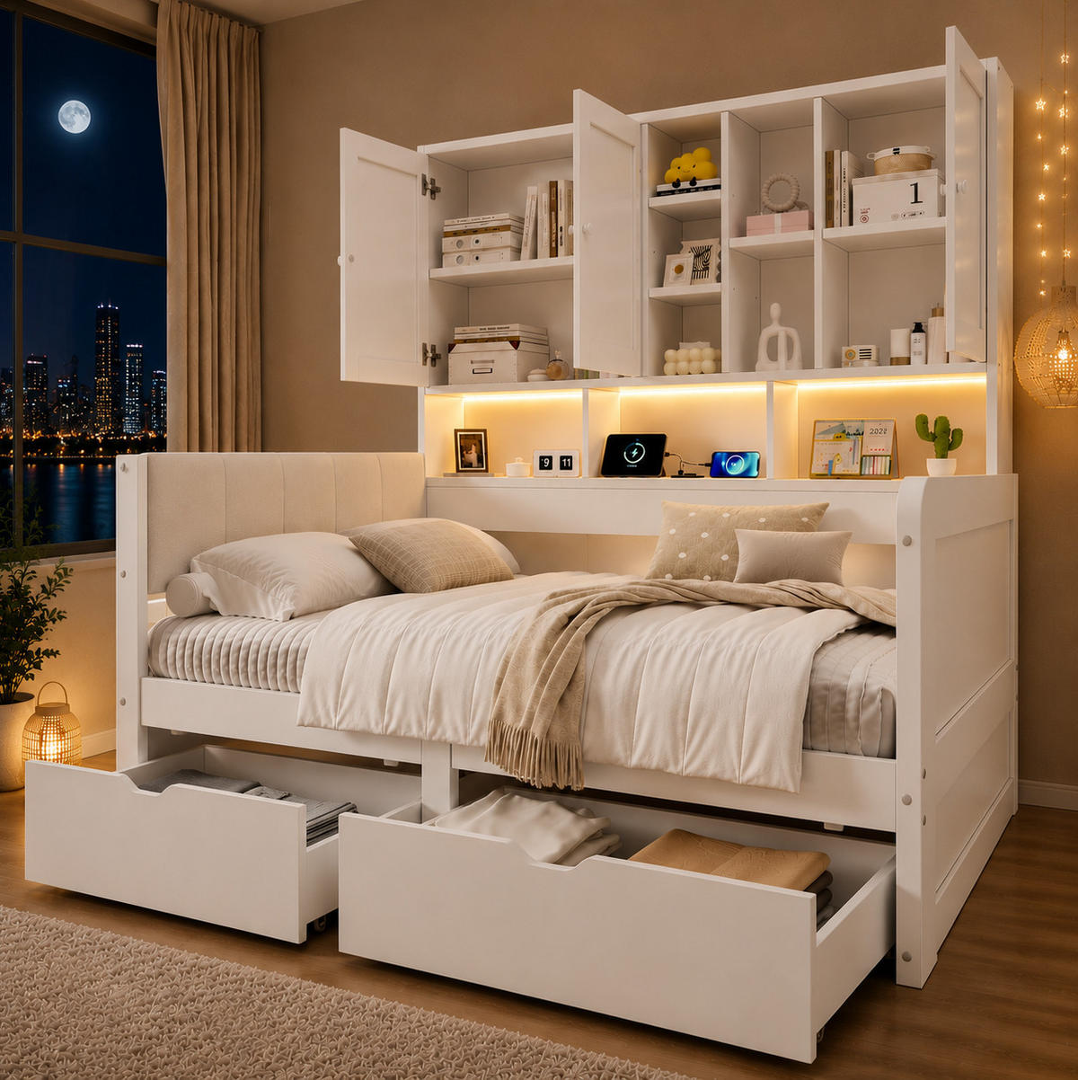 KINDERBETT aus MDF 90x200 cm Weiß mit LED-Beleuchtung, USB-C, Stauraum und PU-Kopfteil - Weiß, Holzwerkstoff (90/200cm) - Modfu