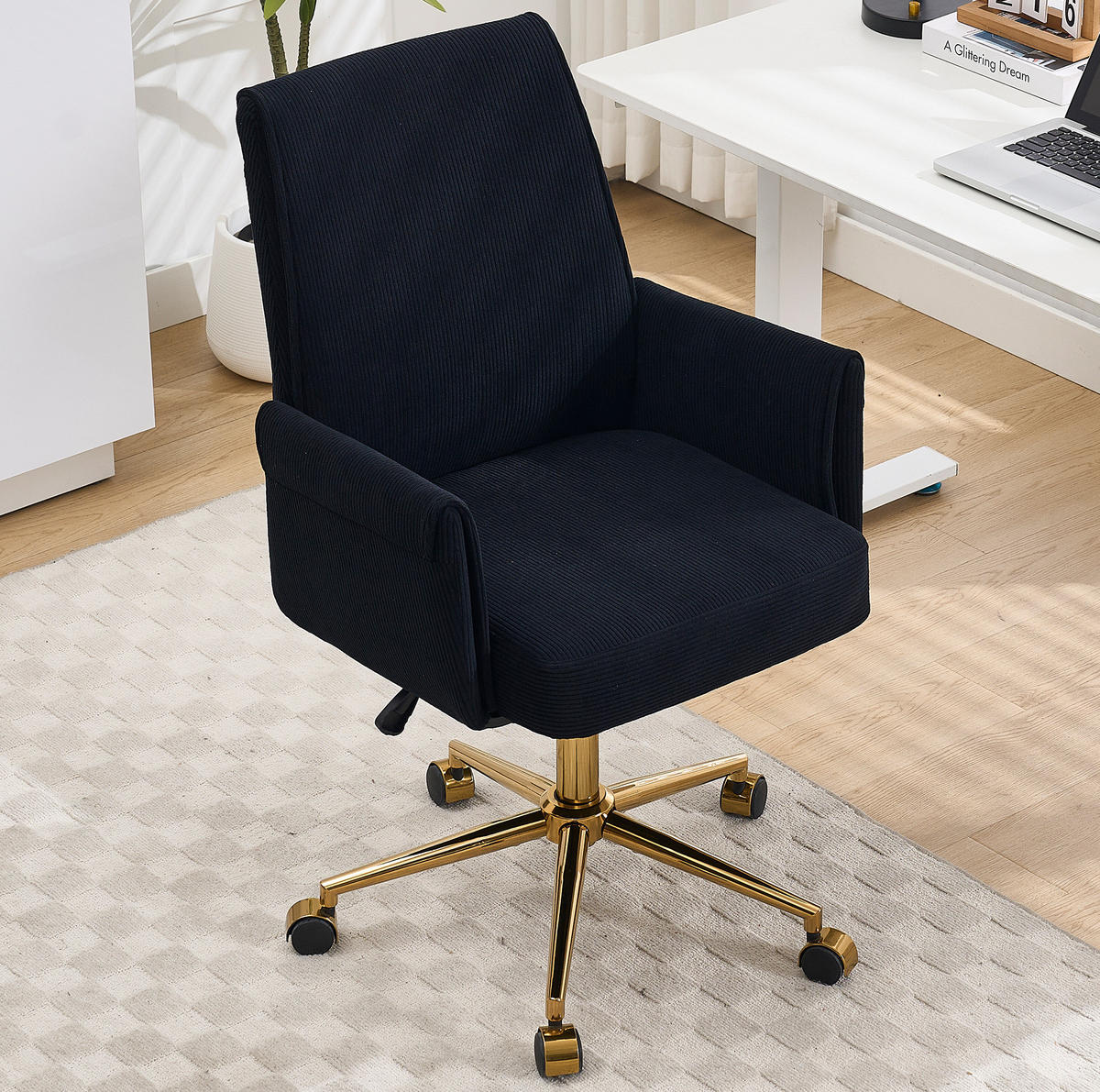 DREHSTUHL 64/61/107 cm schwarz aus Cord mit ergonomischer Rückenlehne und goldfarbenem Metallgestell - Schwarz, Textil (61/107/64cm) - OKWISH