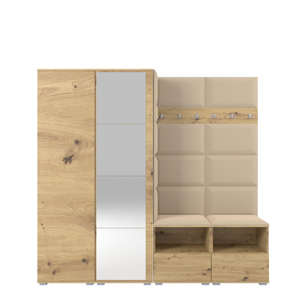 GARDEROBE NELA VI 200 cm (Kompaktgarderobe Artisan Eiche mit Spiegel & Sitzpolster Beige 04 Schrank & Paneel) - Beige/Silberfarben, Holz/Holzwerkstoff (200/187/40cm) - Ravio