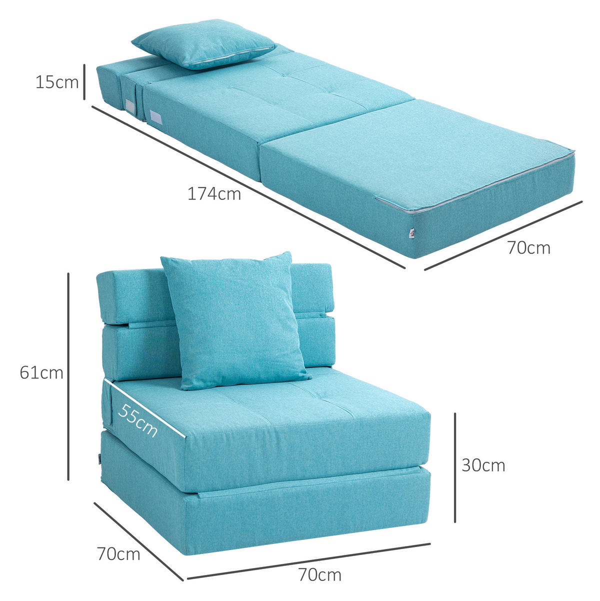 SCHLAFSESSEL 70/70/61 cm mit Liegefläche 70/174 cm – klappbar & platzsparend - Blau, Textil (70/61/70cm) - BEAOK