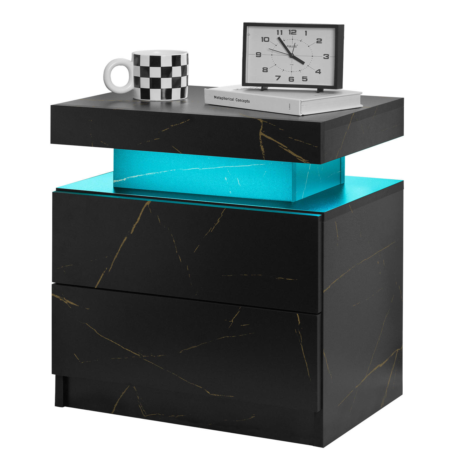 NACHTTISCH 50/53/36 cm mit LED-Beleuchtung in Schwarz/Gold – mit 2 Schubladen & offenem Fach - Schwarz, Holzwerkstoff (53/36/50cm) - BEAOK