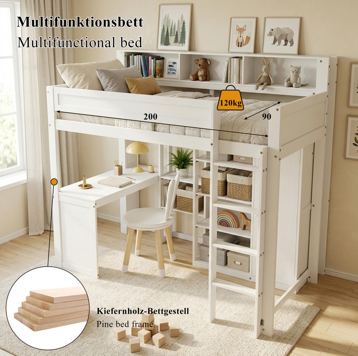 ETAGENBETT 90x200 cm in Weiß mit Schreibtisch, Kleiderschrank und Regalen - Weiß, Holz (90/200cm) - IVMEU