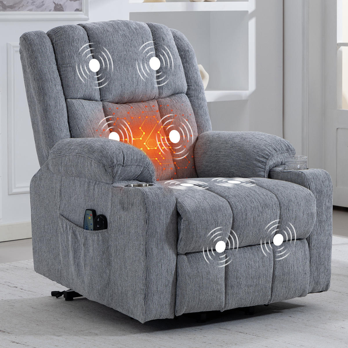ELEKTRISCHER Relaxsessel Samt mit Aufstehhilfe, Massage, Wärme 91/84/106 cm Hellgrau - Hellgrau, Textil (84/106/91cm) - Redom