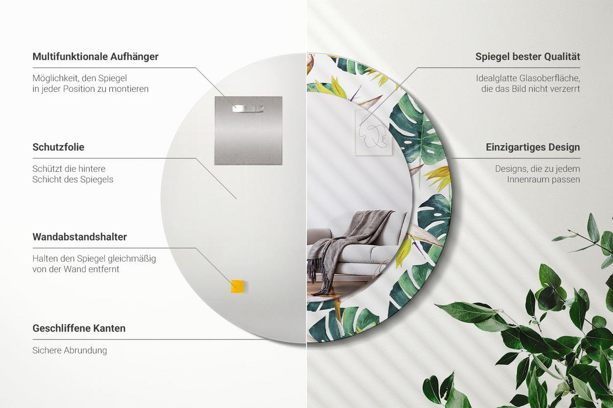 SPIEGEL Rund Ø 50 cm mit Aufdruck - Multicolor, Glas (50/50/0.4cm) - Wallfluent