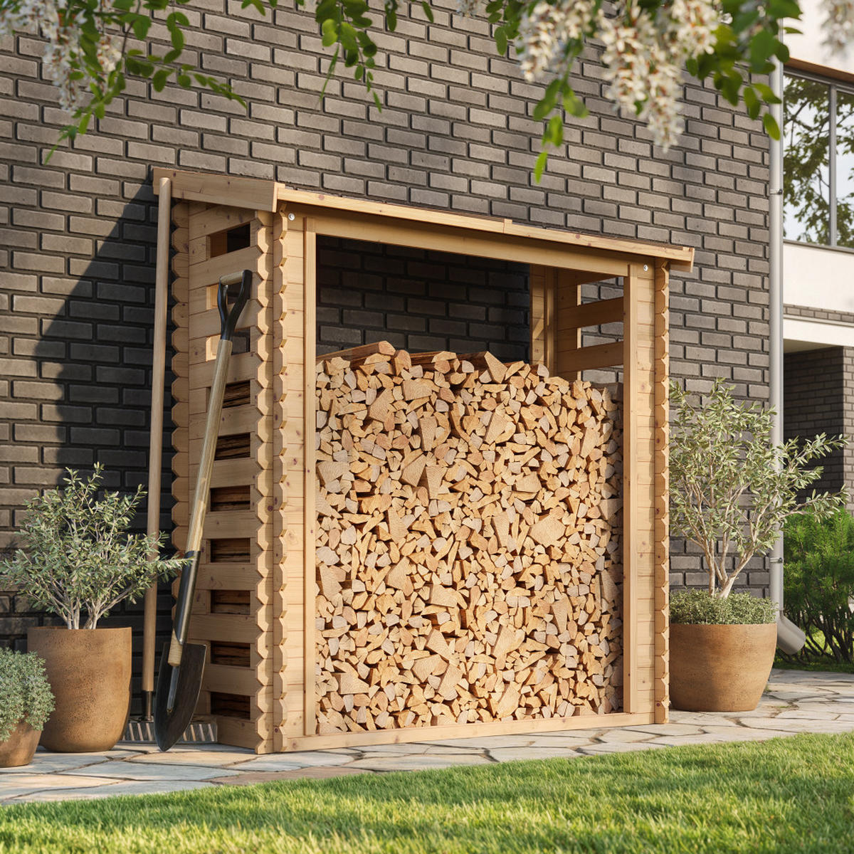 KAMINHOLZREGAL aus Holz 0,97 m², Brennholzunterstand mit Pultdach, ca. 1,75 m³ Brennholzkapazität, 184 x 86 x 200 cm (B x T x H) - Naturfarben, Holz (184/200/86cm) - Timbela