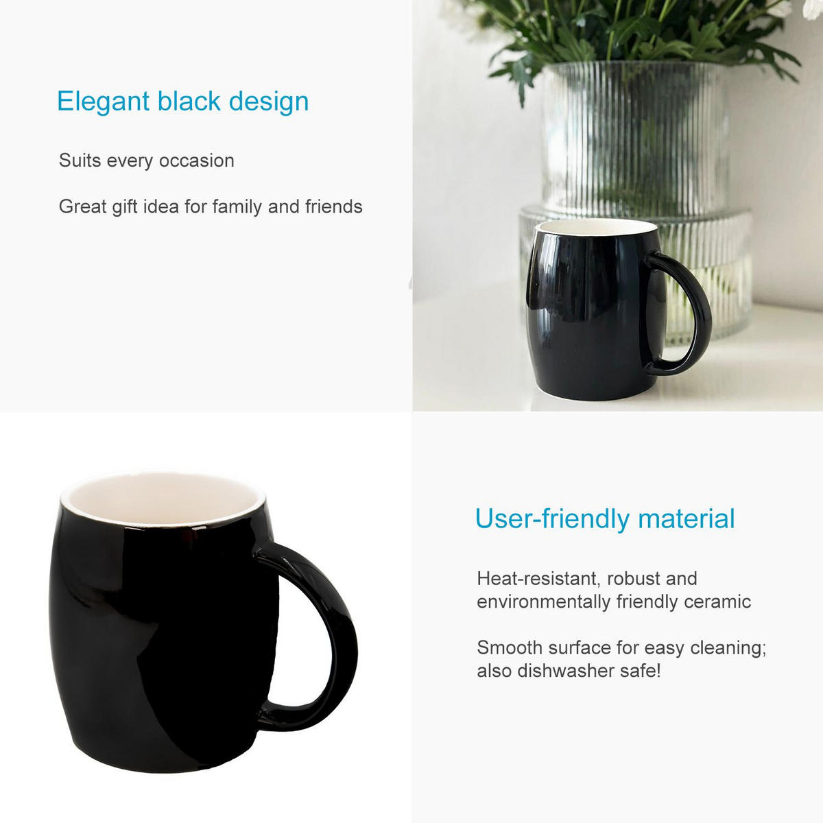 KAFFEETASSE TEETASSE (4er-Set) - Schwarz, Keramik (9/10.5/12.5cm) - Intirilife