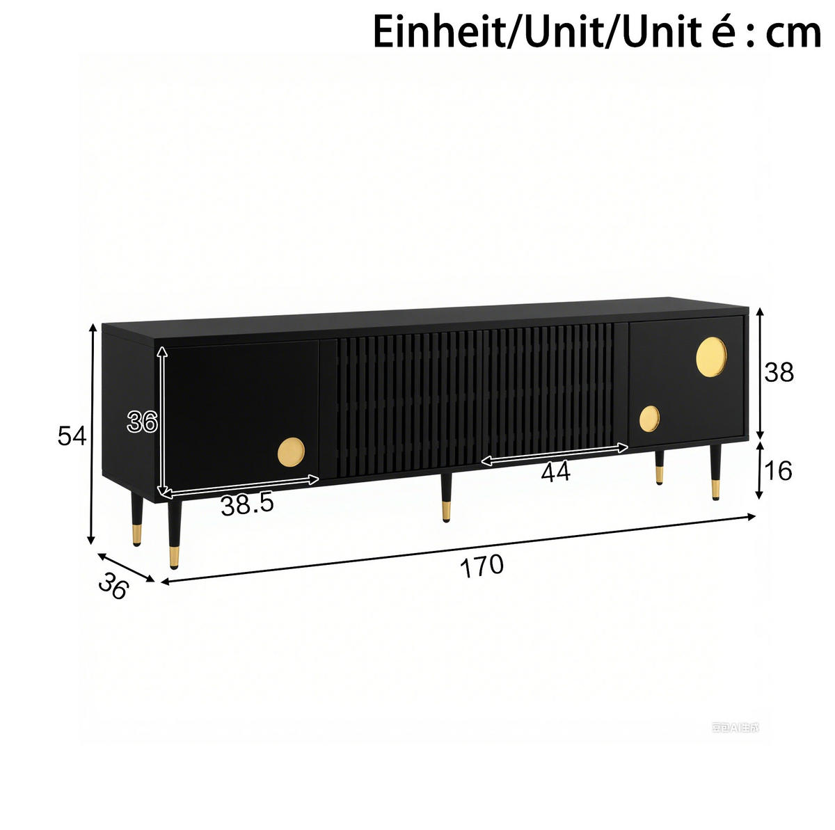 TV-SCHRANK 170/36/54 cm weiß MDF mit Gitterstruktur und goldenen Akzenten - Schwarz, Holzwerkstoff (170/54/36cm) - OKWISH