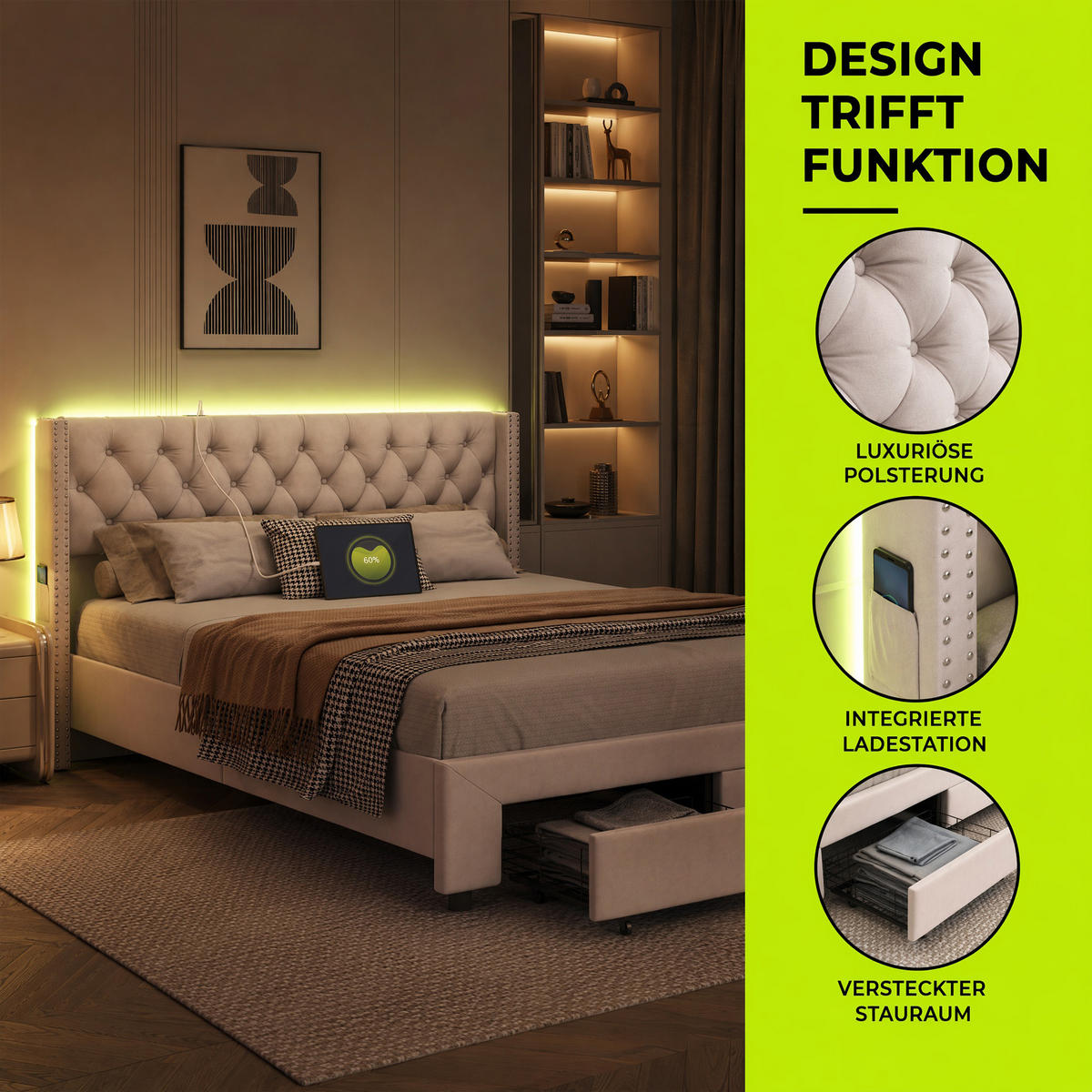 POLSTERBETT 180x200 mit LED und USB, Stauraum, Lattenrost und 2 Schubladen, doppelbett 180x200, Samt Ecru - Ecru, Holz/Textil (180/200cm) - GENKI LIVING