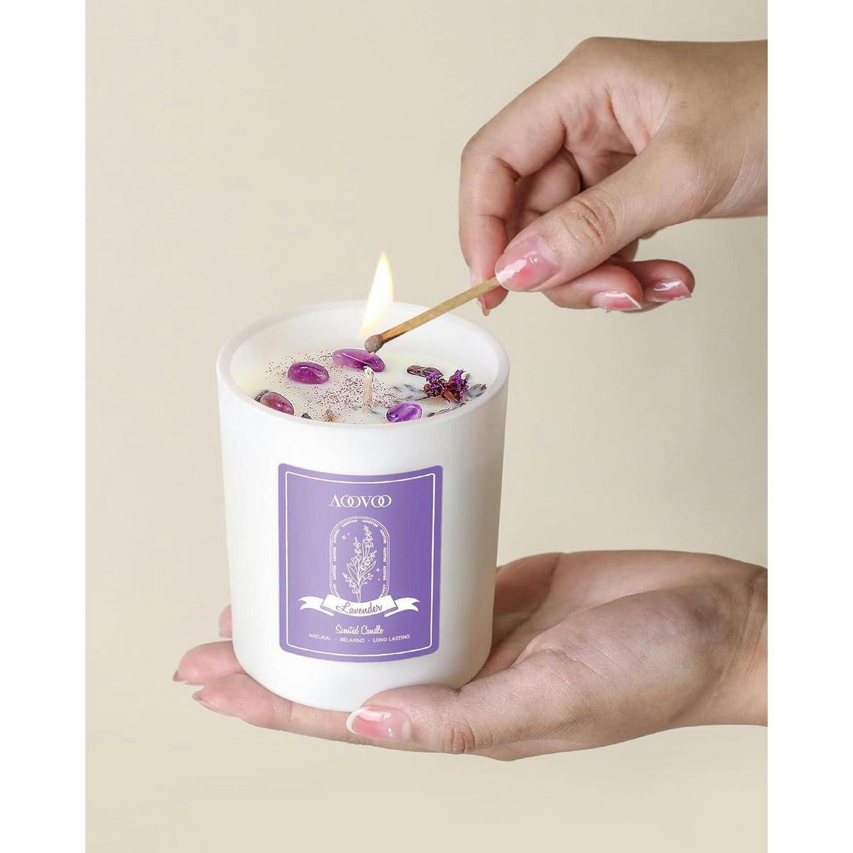 DUFTKERZE Lavendel mit Kristallen und Trockenblumen, 280g - Weiß, Paraffin (8cm)